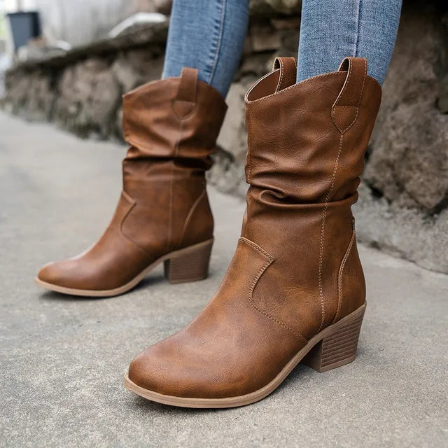 Western Cowboy Faux Leather Ankle Boots with Heel for Women | Perfect for Everyday Wear