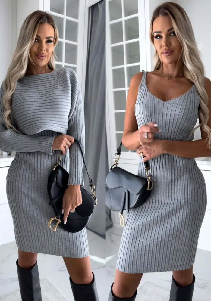 Women's Two-Piece Set Striped Sleeveless V-Neck Dress and Long Sleeve Loose Top | Ideal for All Seasons