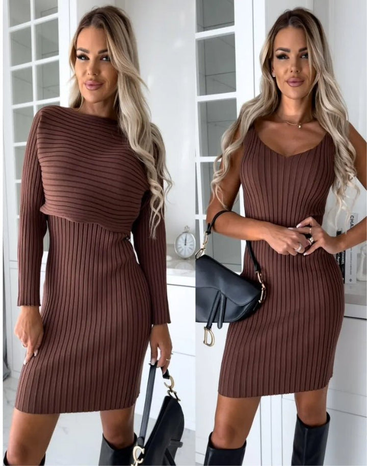 Women's Two-Piece Set Striped Sleeveless V-Neck Dress and Long Sleeve Loose Top | Ideal for All Seasons