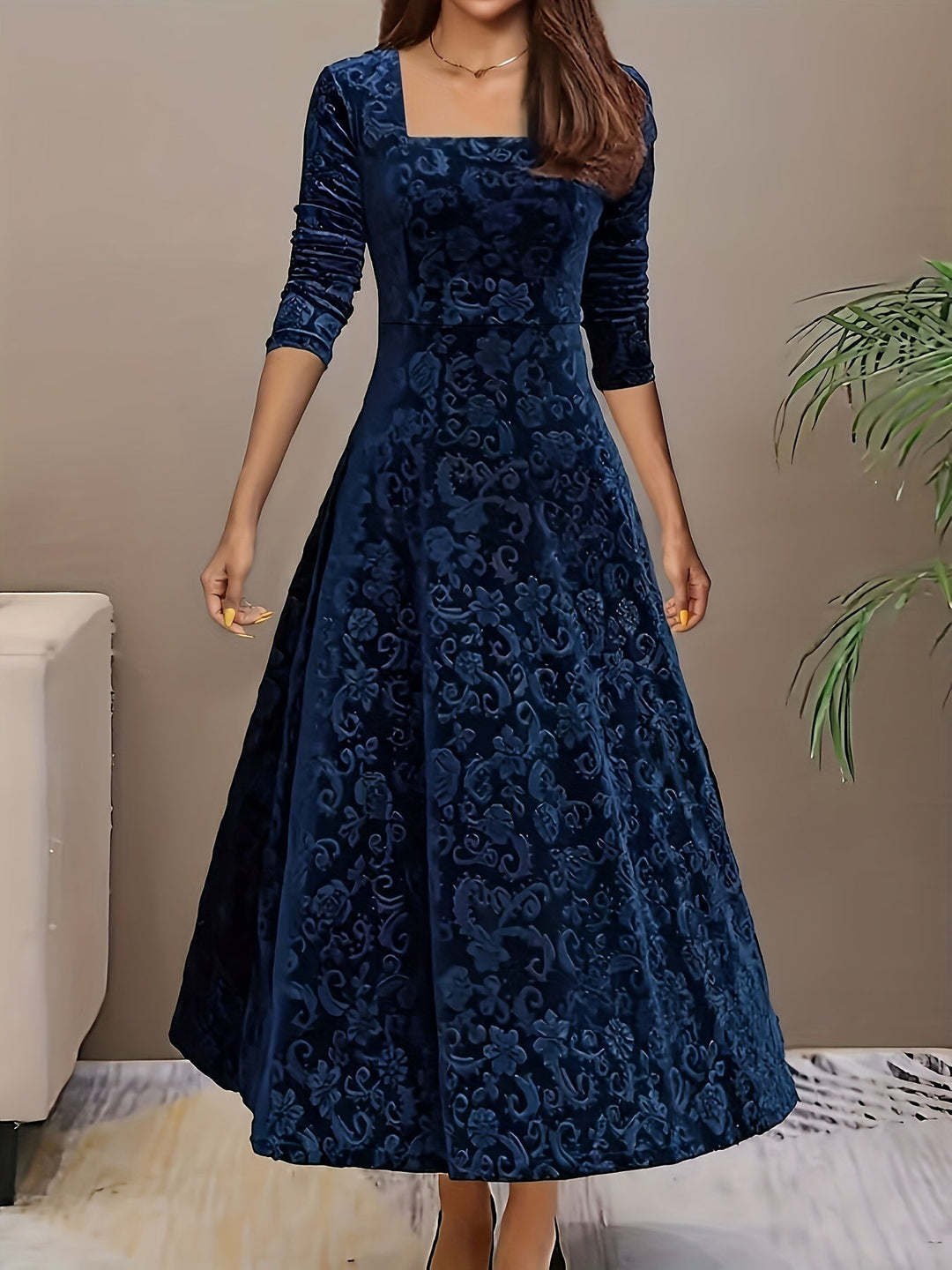 Stylish Cotton Floral Pattern Square Neck Velvet Formal Dress for Women | Ideal for Every Season