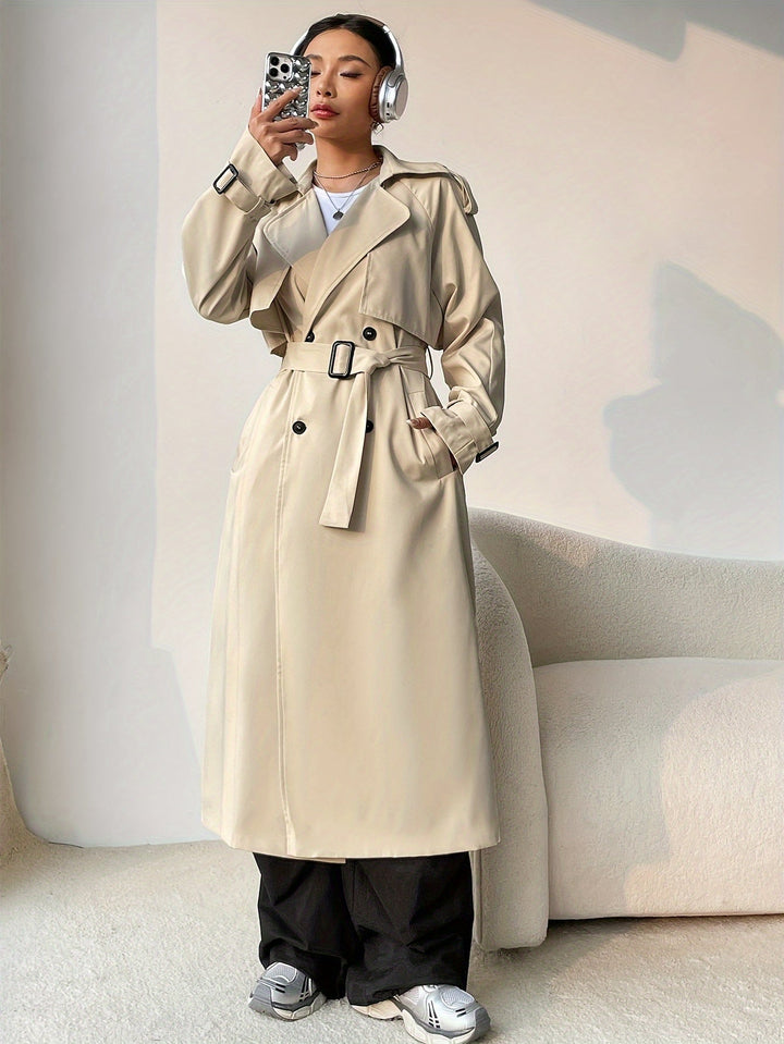 Women's Classic Long Double-Breasted Khaki Trench Coat with Belted Cuffs | Ideal for Autumn/Winter