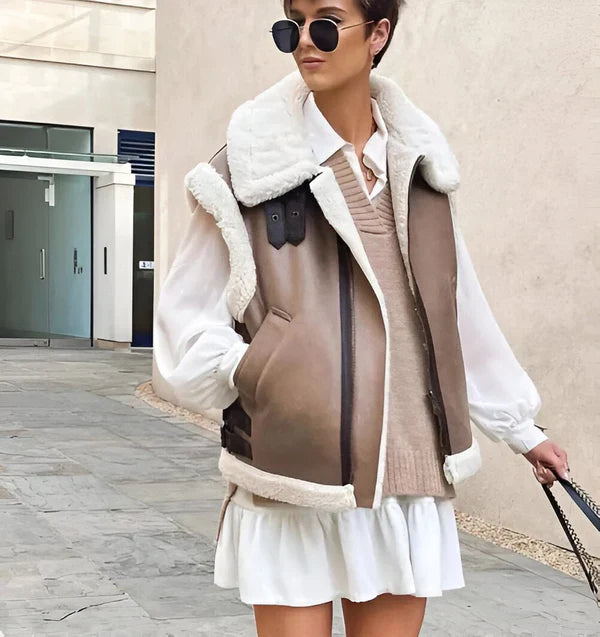 Stylish Faux Fur Sleeveless Leather Jacket for Women | Ideal for Every Season