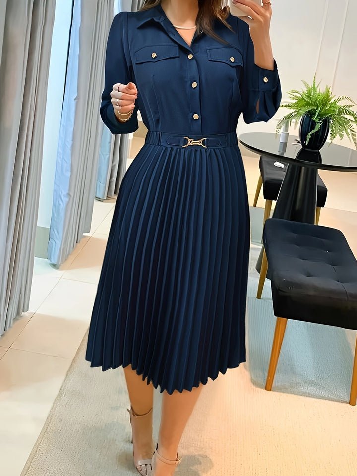 Casual cotton Button Front Pleated Long Sleeve Formal Dress for Women | Ideal for Spring