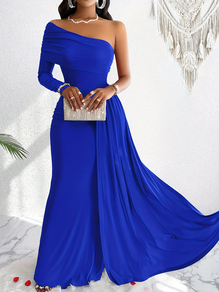 Stylish cotton One Shoulder Asymmetrical Flowy Ruched Maxi Formal Dress for Women | Ideal for Formal Occasions