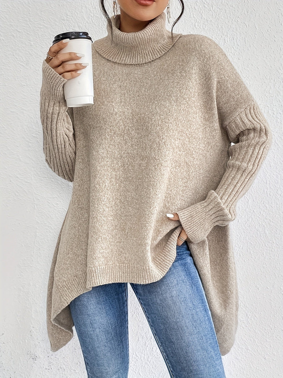 Casual Cotton Asymmetric Hem Turtle Neck Sweater with Long Sleeves for Women | Ideal for Autumn