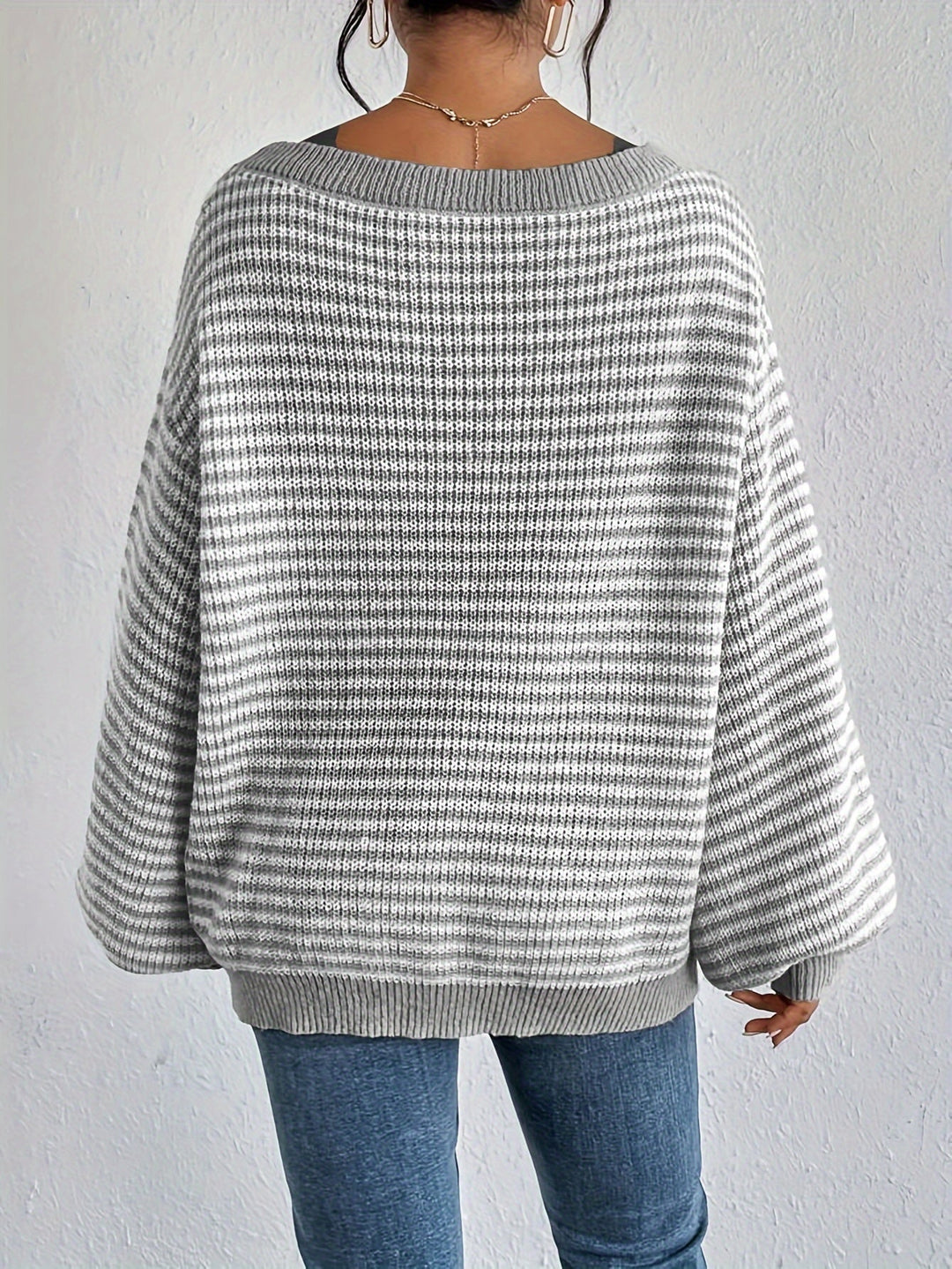 Casual Cotton Striped Off Shoulder Knit Sweater with Stretchy Fabric and Round Neck for Women | Ideal for Autumn