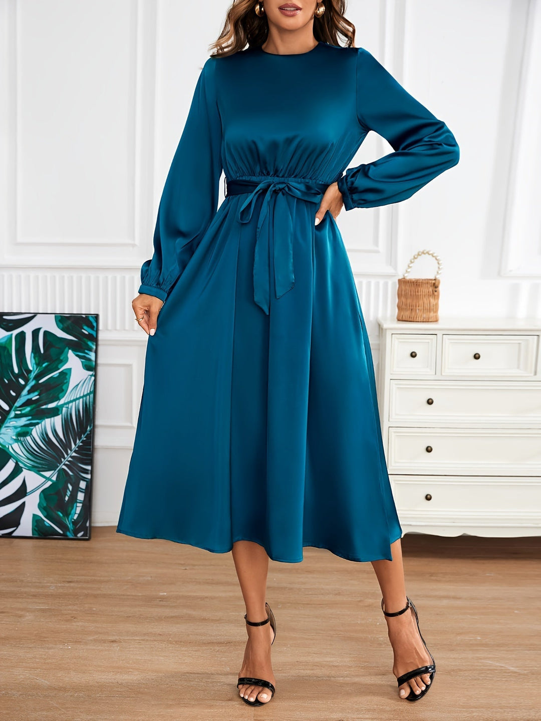 Casual Satin Crew Neck Tie Waist A-Line Long Sleeve Formal Dress for Women | Ideal for Autumn