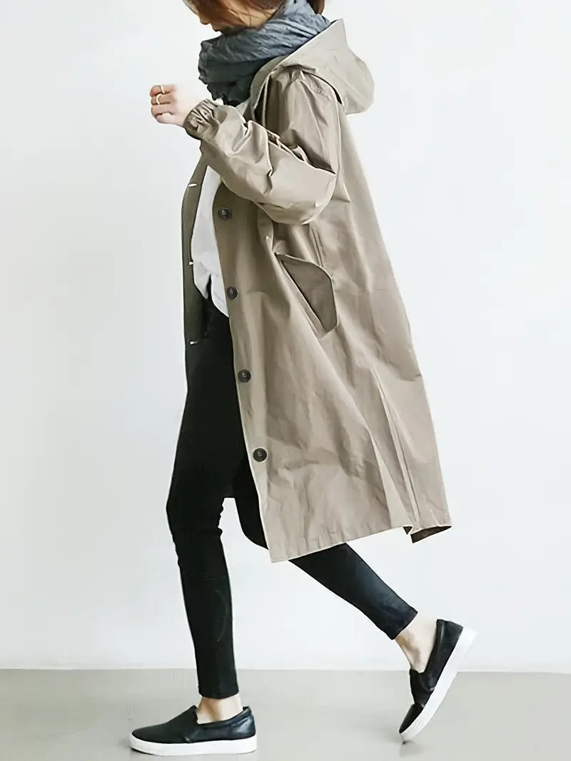 Women's Stylish Tailored Cut Buttoned Rain Trench Coat with Hood | Ideal for Autumn/Winter