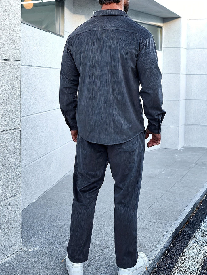 Casual Lapel Button Up Cotton Tracksuit with Long Sleeve Shirt and Drawstring Pants for Men | Ideal for Every Season