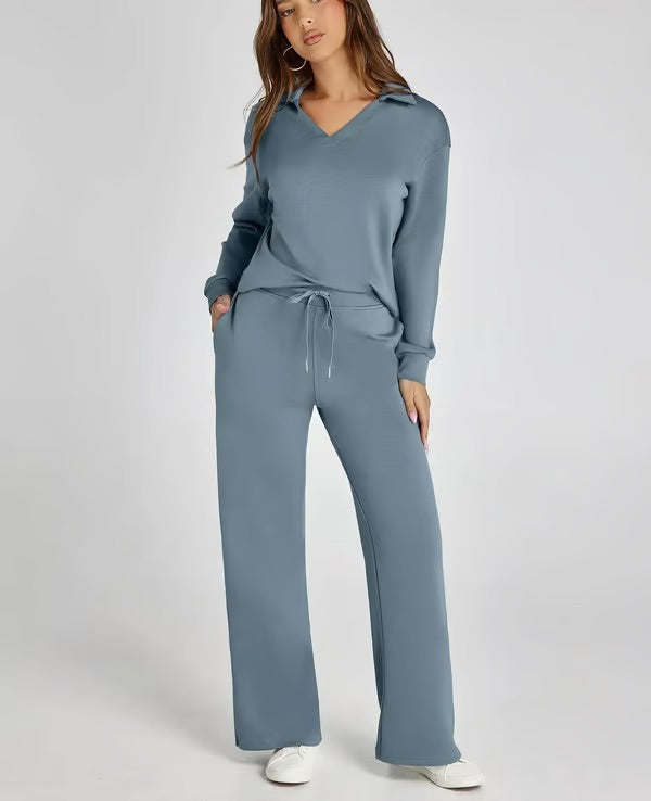 Women's Two-Piece Set V-Neck Sport Sweatshirt and Elastic Waist Wide-Leg Trousers | Ideal for Autumn/Winter