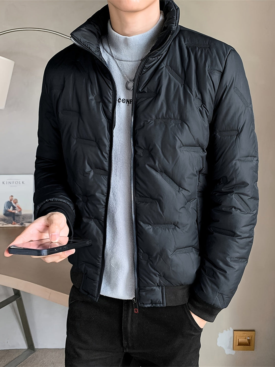 Casual Black Cotton Winter Jacket With Stand Collar And Zipper For Men | Ideal for Winter