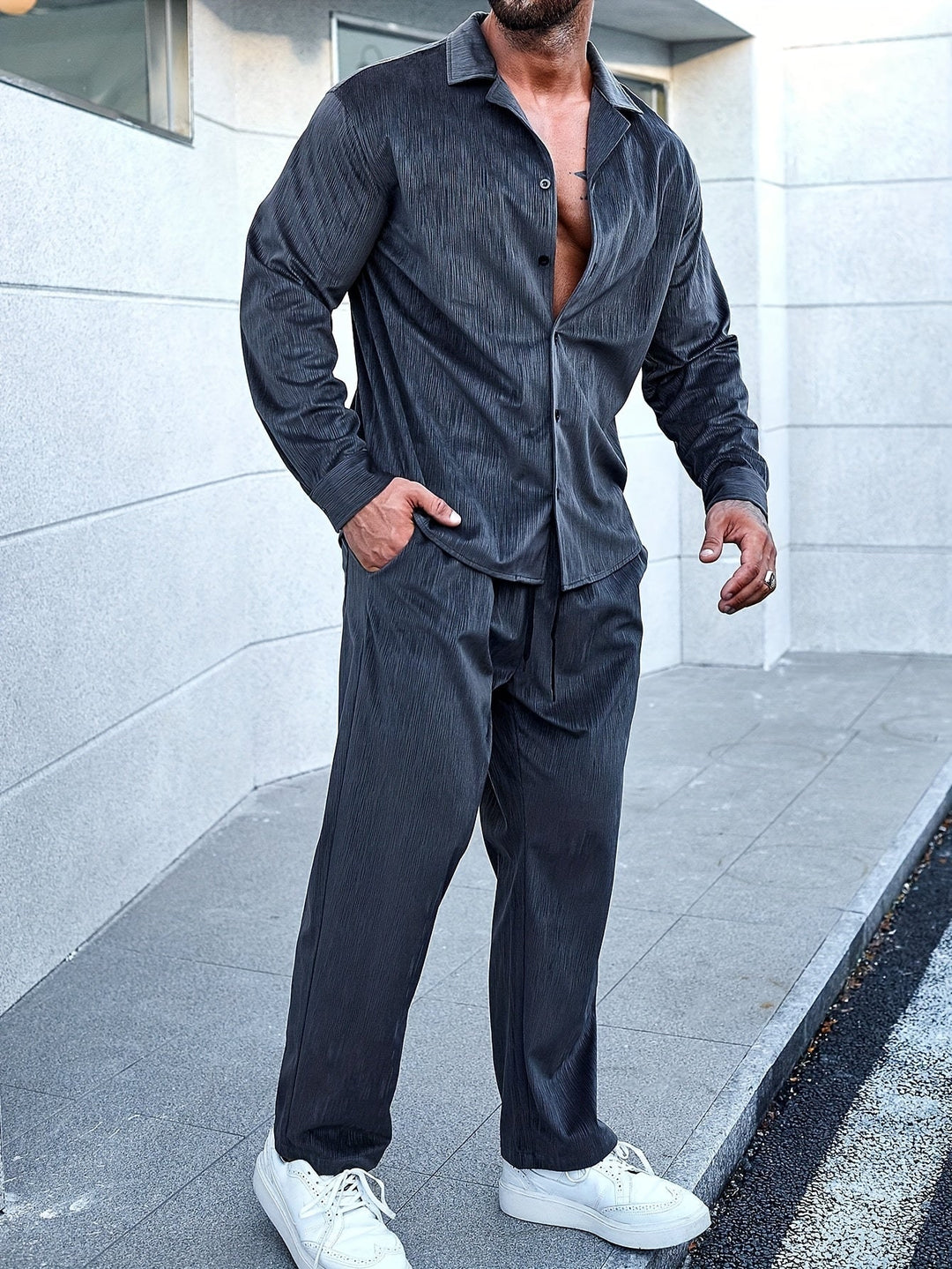 Casual Lapel Button Up Cotton Tracksuit with Long Sleeve Shirt and Drawstring Pants for Men | Ideal for Every Season