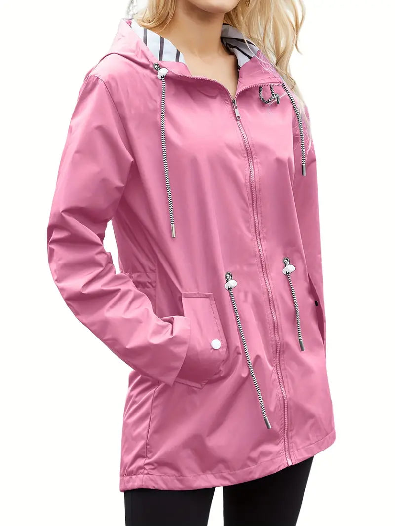 Women's Stylish Waterproof Zip Up Rain Coat with Hood and Drawstring | Ideal for Autumn/Winter