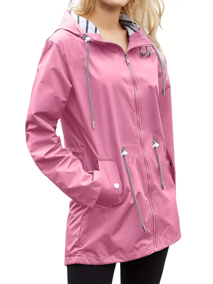 Women's Stylish Waterproof Zip Up Rain Coat with Hood and Drawstring | Ideal for Autumn/Winter