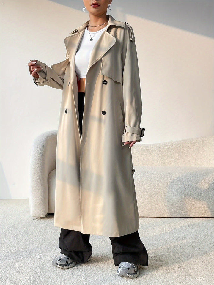 Women's Classic Long Double-Breasted Khaki Trench Coat with Belted Cuffs | Ideal for Autumn/Winter