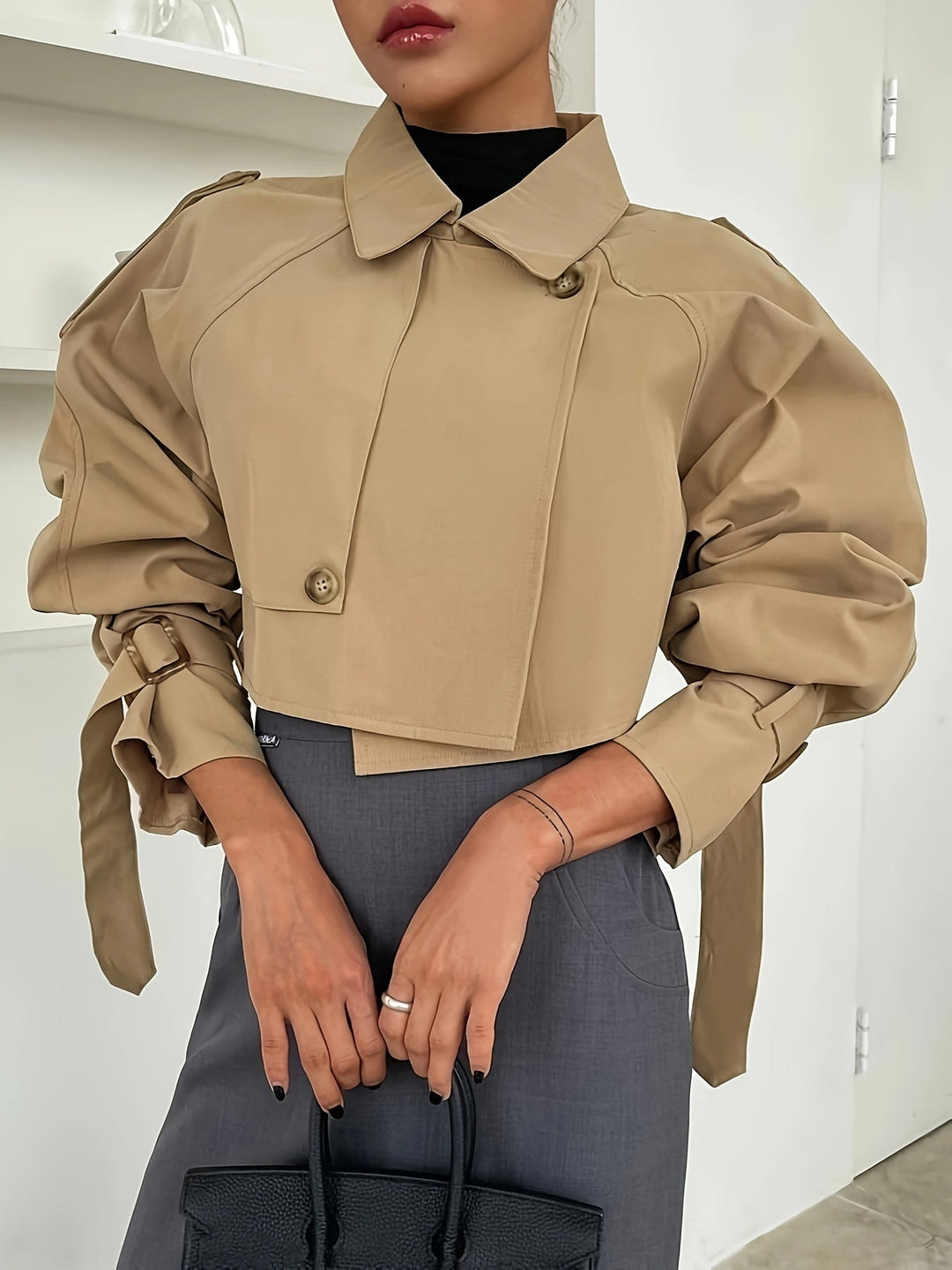 Women’s Casual Short Puff Sleeved Trench Coat in Khaki | Perfect for Autumn/Winter