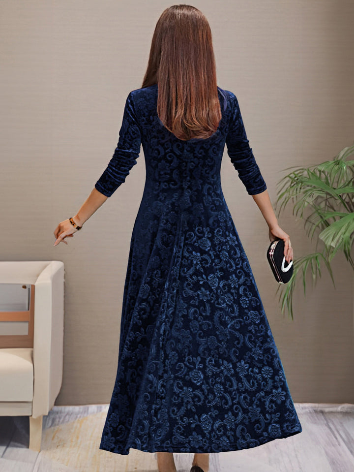 Stylish cotton Plus Size Floral Pattern Velvet V-Neck Long Sleeve Formal Dress for Women | Ideal for Autumn