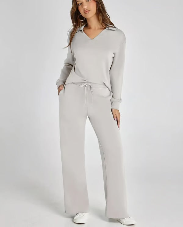 Women's Two-Piece Set V-Neck Sport Sweatshirt and Elastic Waist Wide-Leg Trousers | Ideal for Autumn/Winter