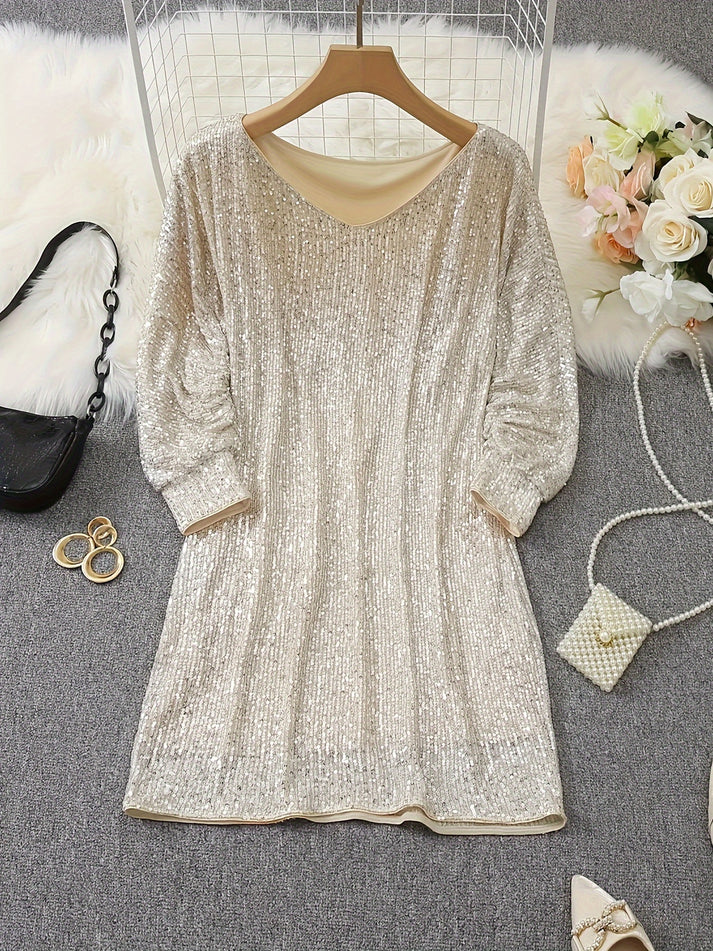 Stylish cotton Apricot Sequin V-Neck Long Sleeve Formal Dress for Women | Ideal for All Seasons