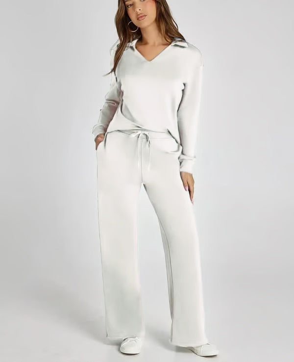 Women's Two-Piece Set V-Neck Sport Sweatshirt and Elastic Waist Wide-Leg Trousers | Ideal for Autumn/Winter