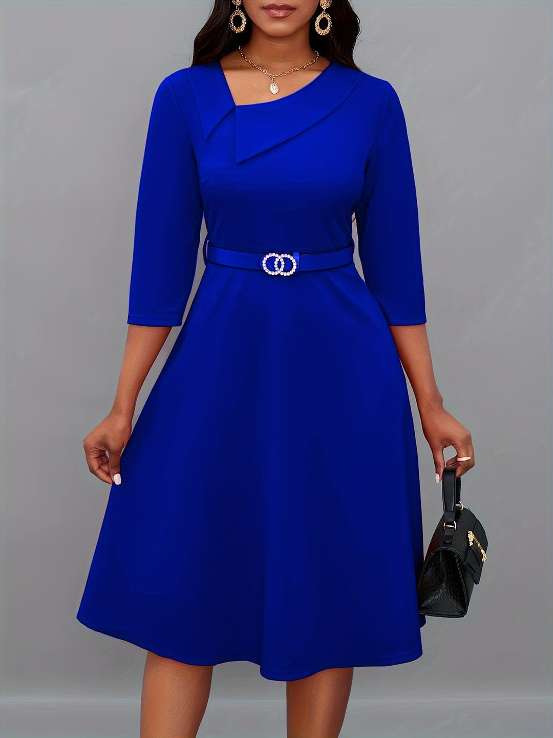 Stylish Solid Asymmetric Neck Belted 3/4 Sleeve Formal Dress for Women | Ideal for All Seasons