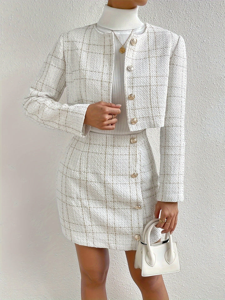 Elegant Plaid Print Tweeted Outfit Set for Women | Ideal for All Seasons