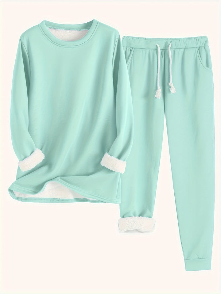 Women's Solid Color Thermal Sweater & Joggers Set | Ideal for Autumn/Winter