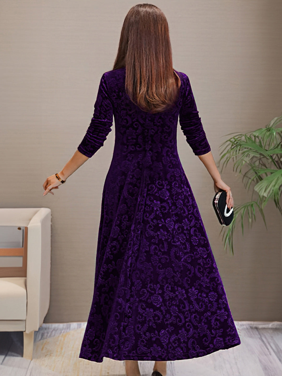 Stylish cotton Plus Size Floral Pattern Velvet V-Neck Long Sleeve Formal Dress for Women | Ideal for Autumn