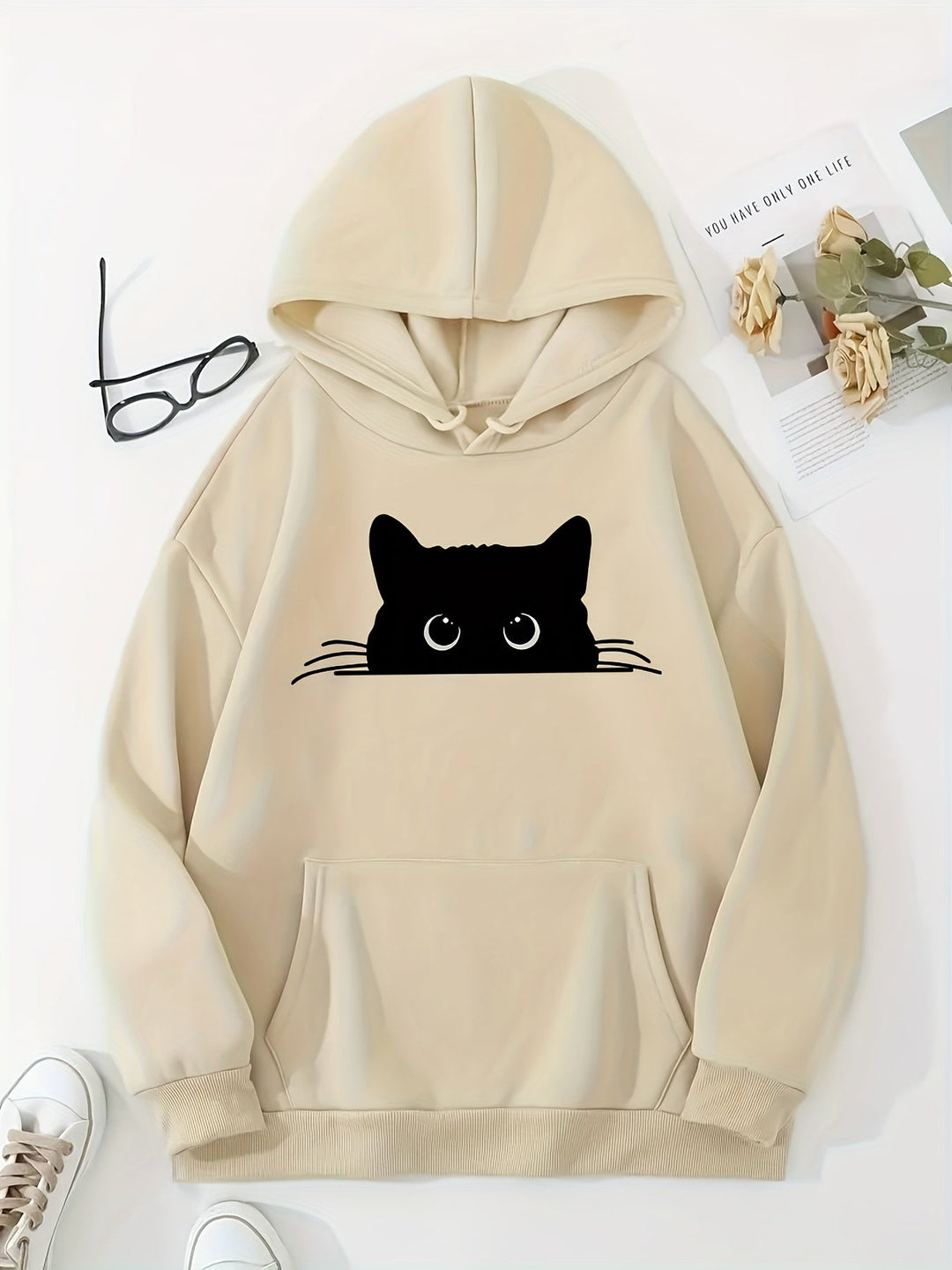 Elegant Sweat Pullover Hoodie with Cat Print and Hood for Women | Perfect for Casual Days