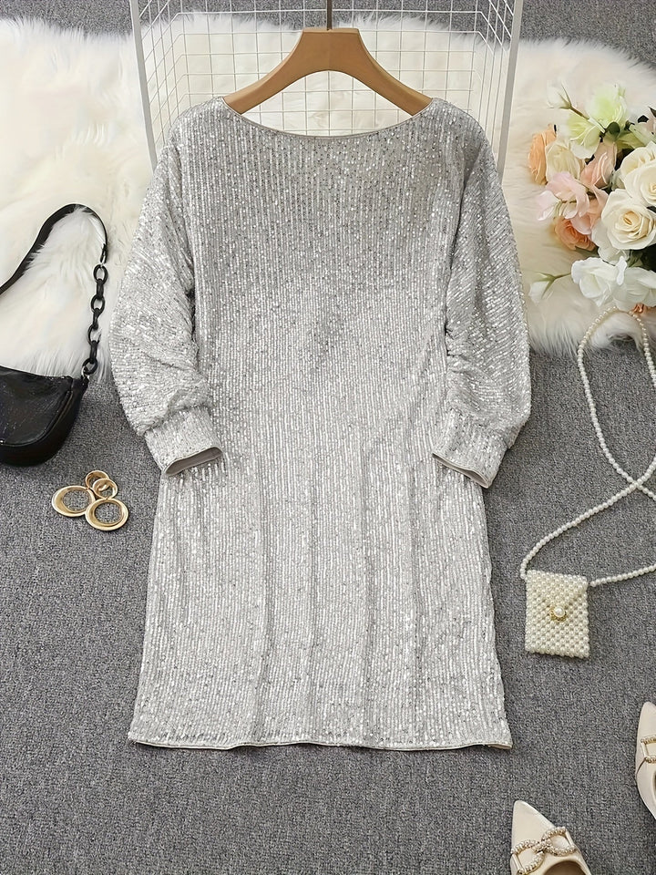 Casual Contrast Sequin V-Neck Long Sleeve Party Wear Formal Dress for Women | Ideal for Winter