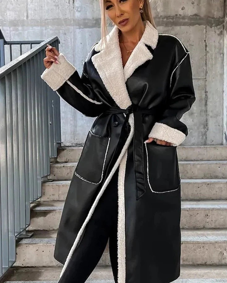 Women's Elegant Warm Vegan Leather Trench Coat with Split Pockets | Ideal for Autumn/Winter