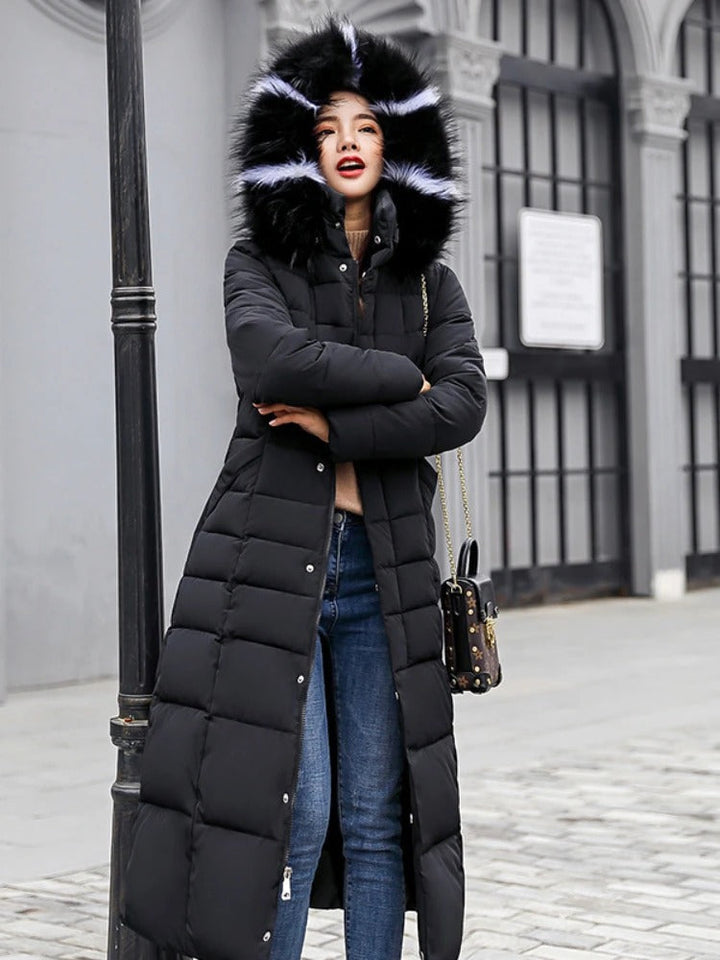 Women's Elegant Long Parka with Fur Hood and Belt | Ideal for Autumn/Winter